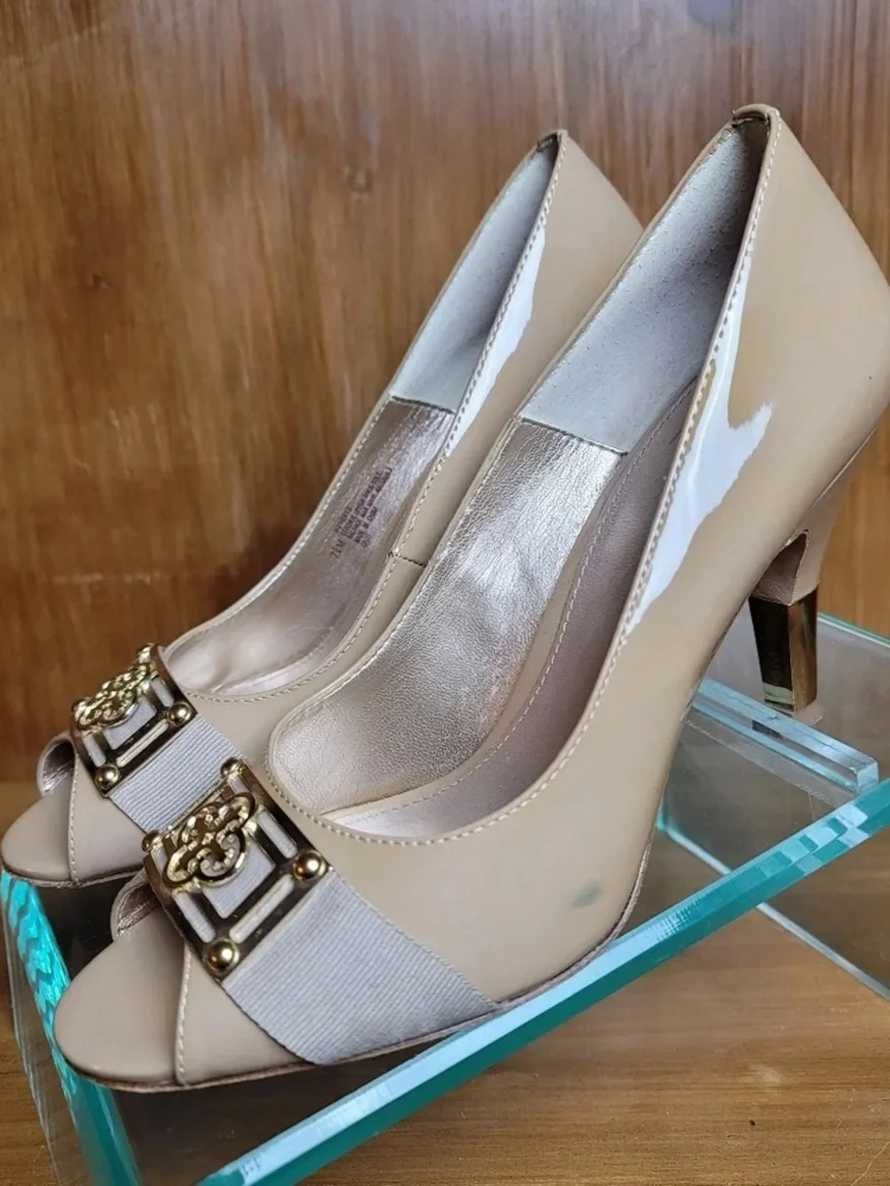 Tory Burch Beige Patent Leather Peep-Toe Heels with Gold Hardware